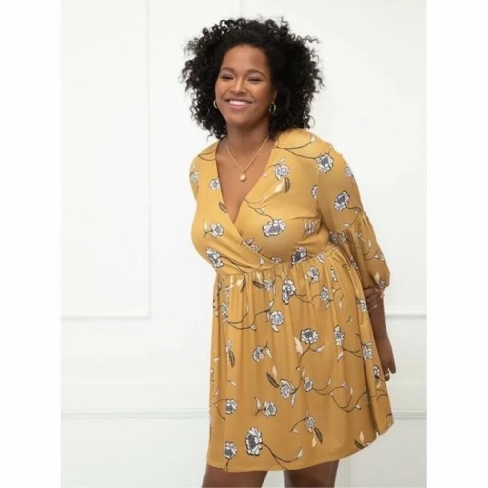 Eloquii Yellow Floral Balloon Sleeve Dress Size‎ 18/20 MSRp $109